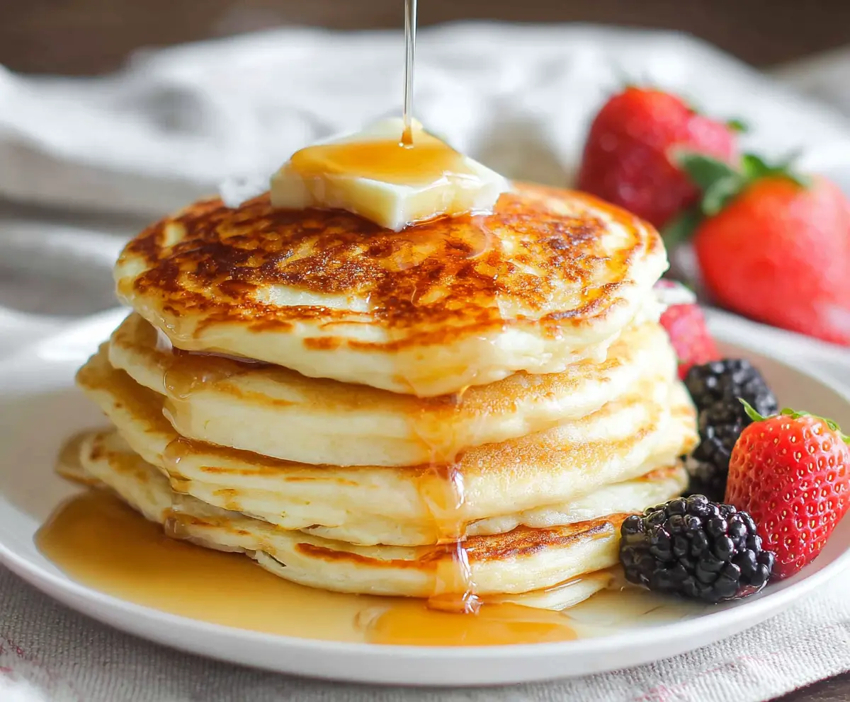 Delicious homemade sourdough discard pancakes stacked with syrup and fresh berries.