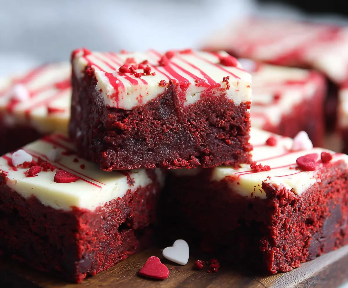 Fudgy Red Velvet Brownies decorated for Valentine's Day, perfect for festive desserts.