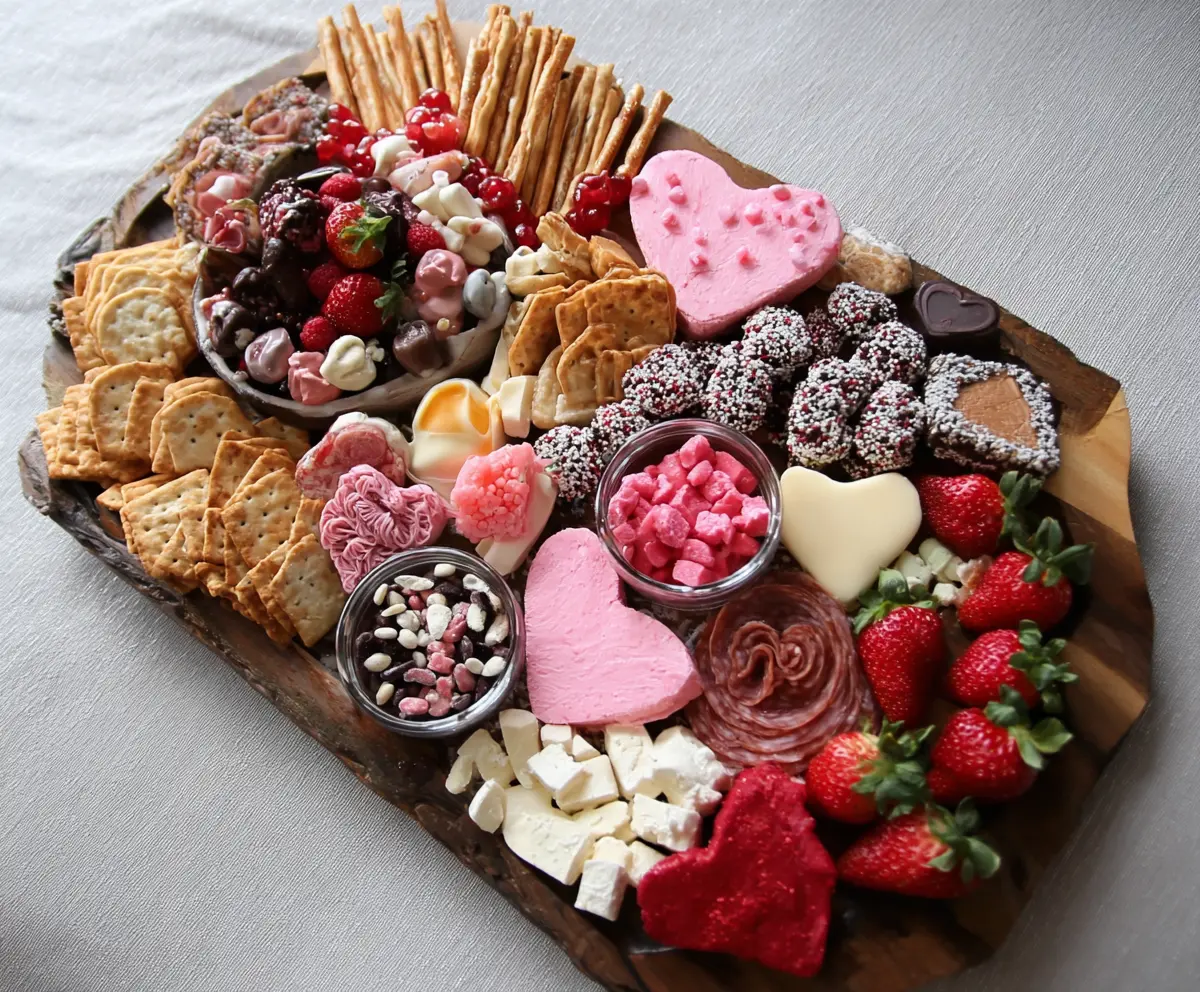 Romantic Valentines charcuterie board with cheeses, fruits, and chocolates for love celebration