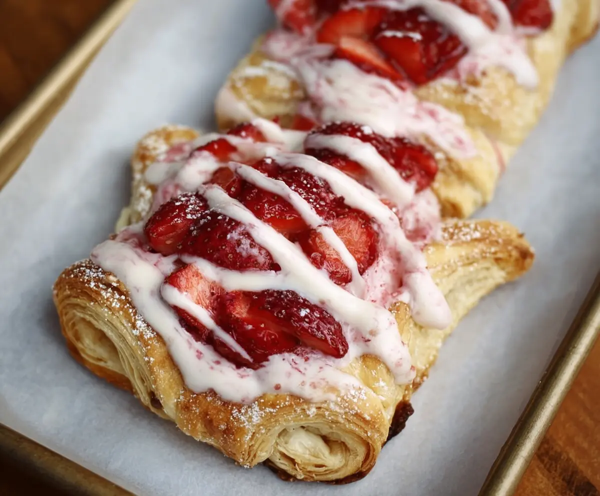 Vegan Strawberry Cream Danish dessert with fresh strawberries and flaky pastry for Valentine's Day